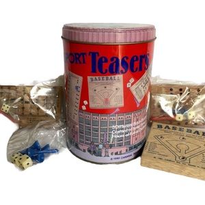 Vintage Brain Teaser Wooden Mini Board Games w Travel Tin Case